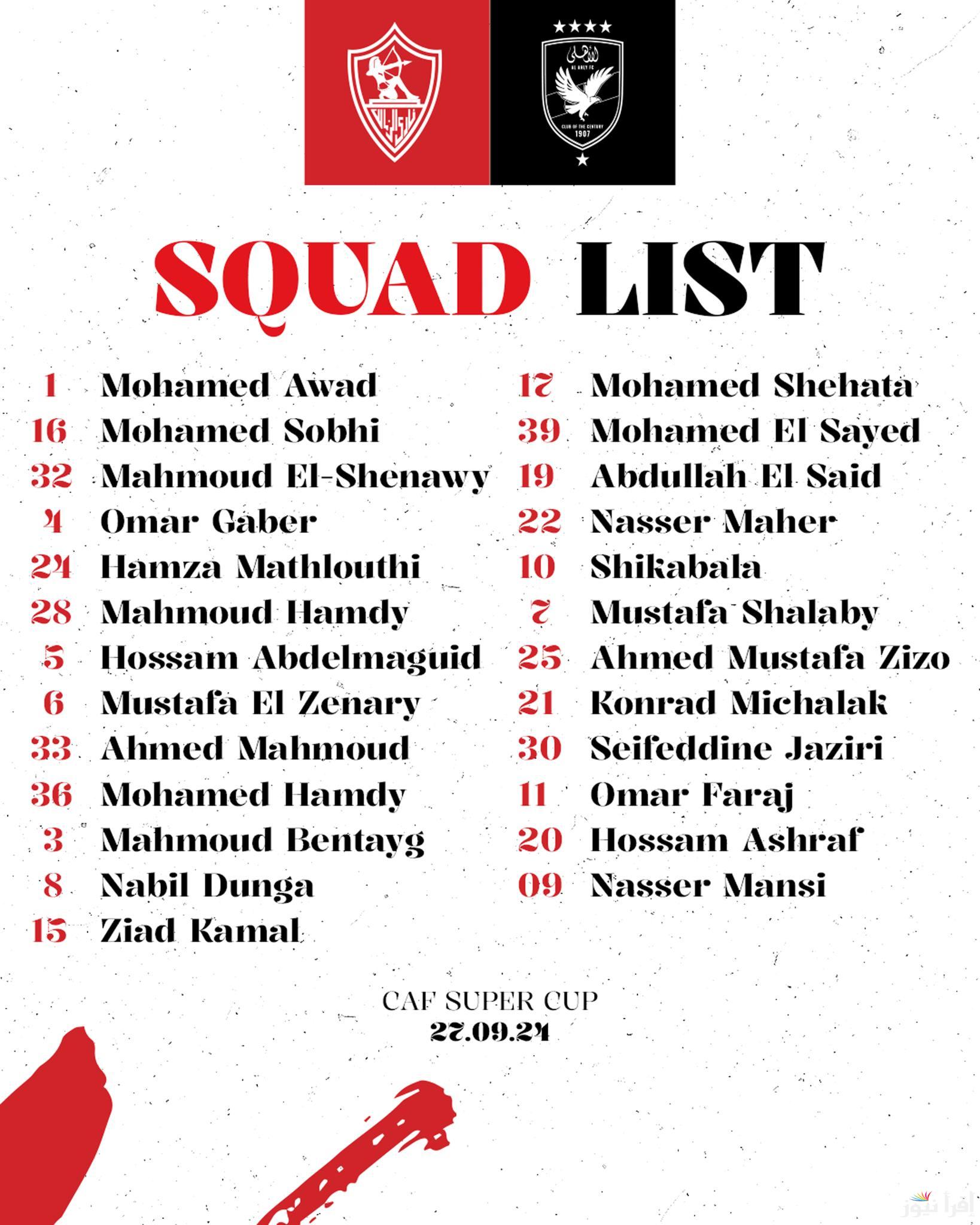 “الجهاز الفني يُعلن” قائمة الزمالك لمباراة السوبر الافريقي ضد الأهلي.. مفاجآت بالجملة