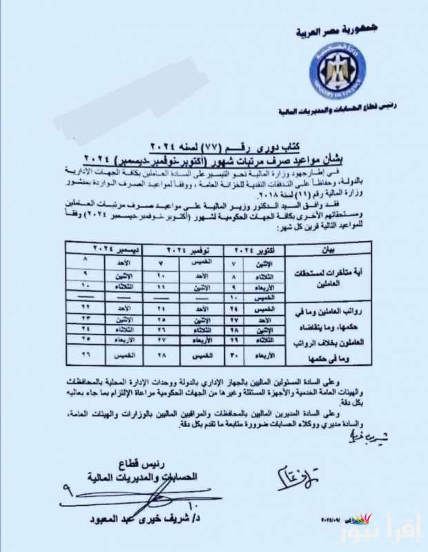 موعد نزول مرتبات شهر اكتوبر ونوفمبر وديسمبر 2024 للعاملين بالدولة وجدول الاحد الادنى للاجور