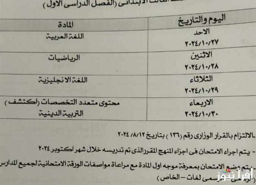 جدول امتحانات شهر اكتوبر 2024 لجميع صفوف النقل بكافة المدارس وفقًا للمديرية التعليمية