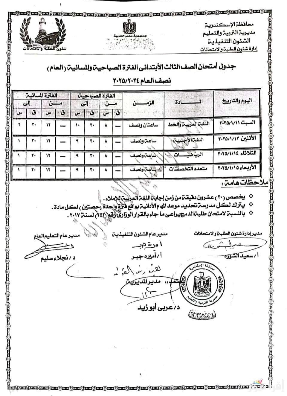 جدول امتحانات الصف الثالث والرابع والخامس والسادس الابتدائي الترم الأول 2024-2025 محافظة الاسكندرية