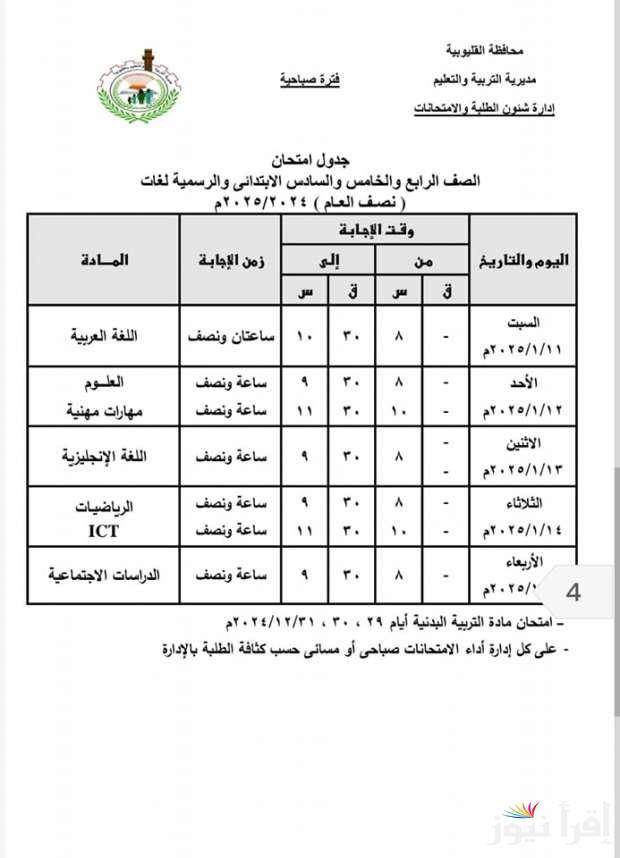 هام جداا .. اعلان جدول امتحانات الصف الرابع والخامس والسادس الابتدائي 2025 الفصل الدراسي الاول في المحافظات