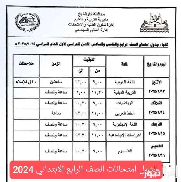 رسميا 4 ابتدائي .. جدول امتحانات الصف الرابع الابتدائي ترم اول 2025 من مديرية التربية والتعليم