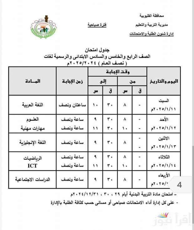 أطلع على جدول امتحانات الصف الرابع والخامس والسادس الابتدائي ترم اول 2025 وفقا لخطة وزارة التربية والتعليم