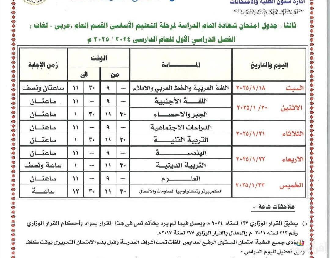 عااجل جداا .. اعلان جدول امتحانات الصف الاول والثاني والثالث الاعدادي 2025 ترم اول من المديريات التعليمية