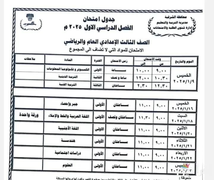 يومين وهتمتحن .. جدول امتحانات تالتة اعدادي ترم اول 2025 محافظه القاهره والاسكندرية والجيزة والمنيا والمحافظات