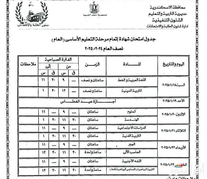 استعد امتحانك بكرة .. جدول امتحانات الصف الثالث الاعدادي ترم اول 2025 الجيزة والقاهرة وكفر الشيخ و7 محافظات
