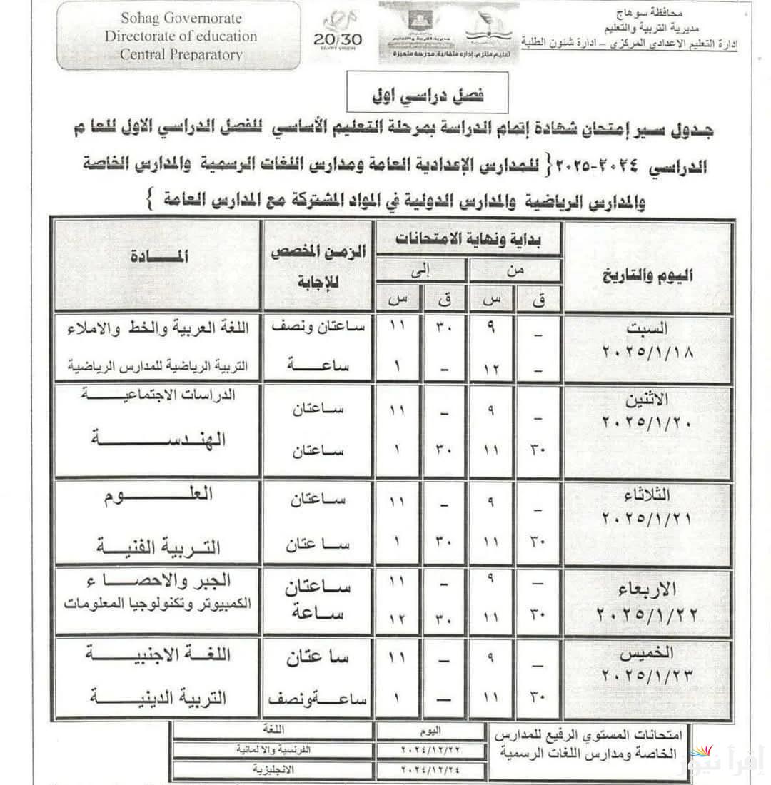 أخيرا الامتحانات بدأت .. جدول امتحانات الصف الثالث الاعدادي 2025 ترم اول الجيزة والاسكندريه والقاهرة والمحافظات
