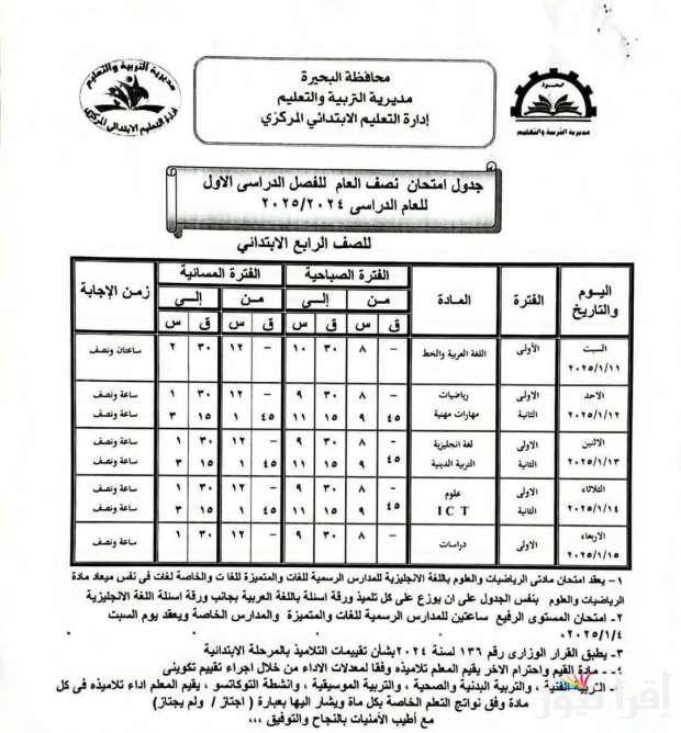الجداول نزلت …. جدول امتحانات الصف الرابع الابتدائي 2025 ترم اول كل المحافظات