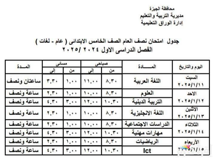 الان جدول امتحانات الصف الرابع والخامس الابتدائي 2025 ترم اول الجيزة كل المدارس