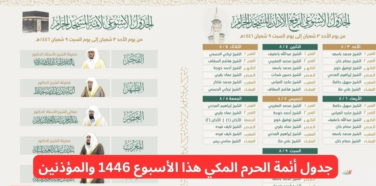 جدول أئمة الحرم المكي هذا الأسبوع شعبان 1446 رسميًا من شؤون الأئمة والمؤذنين