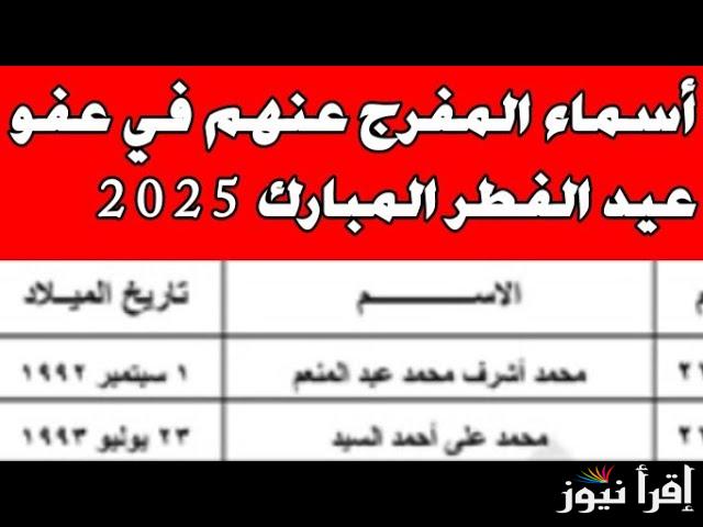 أسماء المشمولين بالعفو الرئاسي بمناسبة عيد الفطر 2025 بعد موافقة مجلس الوزراء