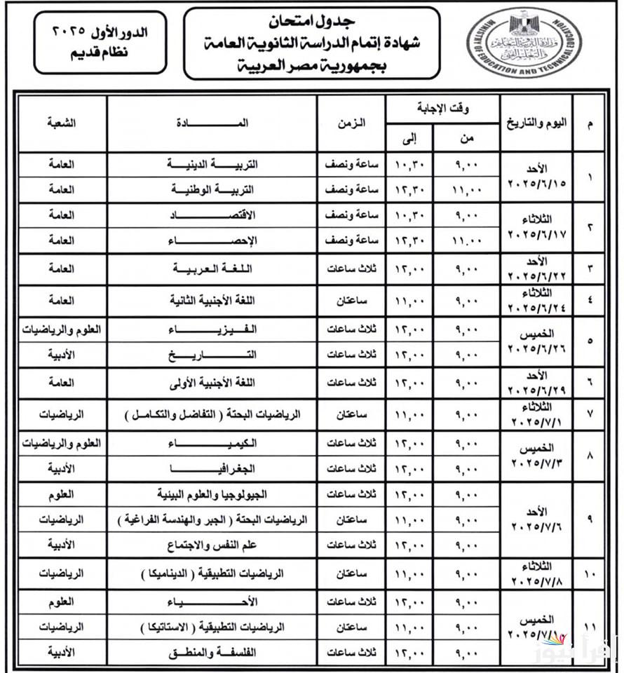 للنظامين (الجديد – القديم) جدول امتحانات الثانوية العامة 2025 الدور الأول لجميع المدارس بعد اعتماده من وزارة التربية والتعليم