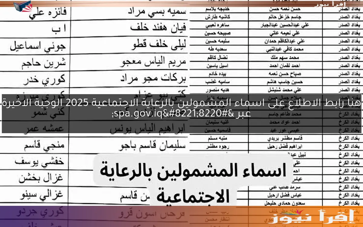 هنا رابط الاطلاع على اسماء المشمولين بالرعاية الاجتماعية 2025 الوجبة الاخيرة عبر “spa.gov.iq”