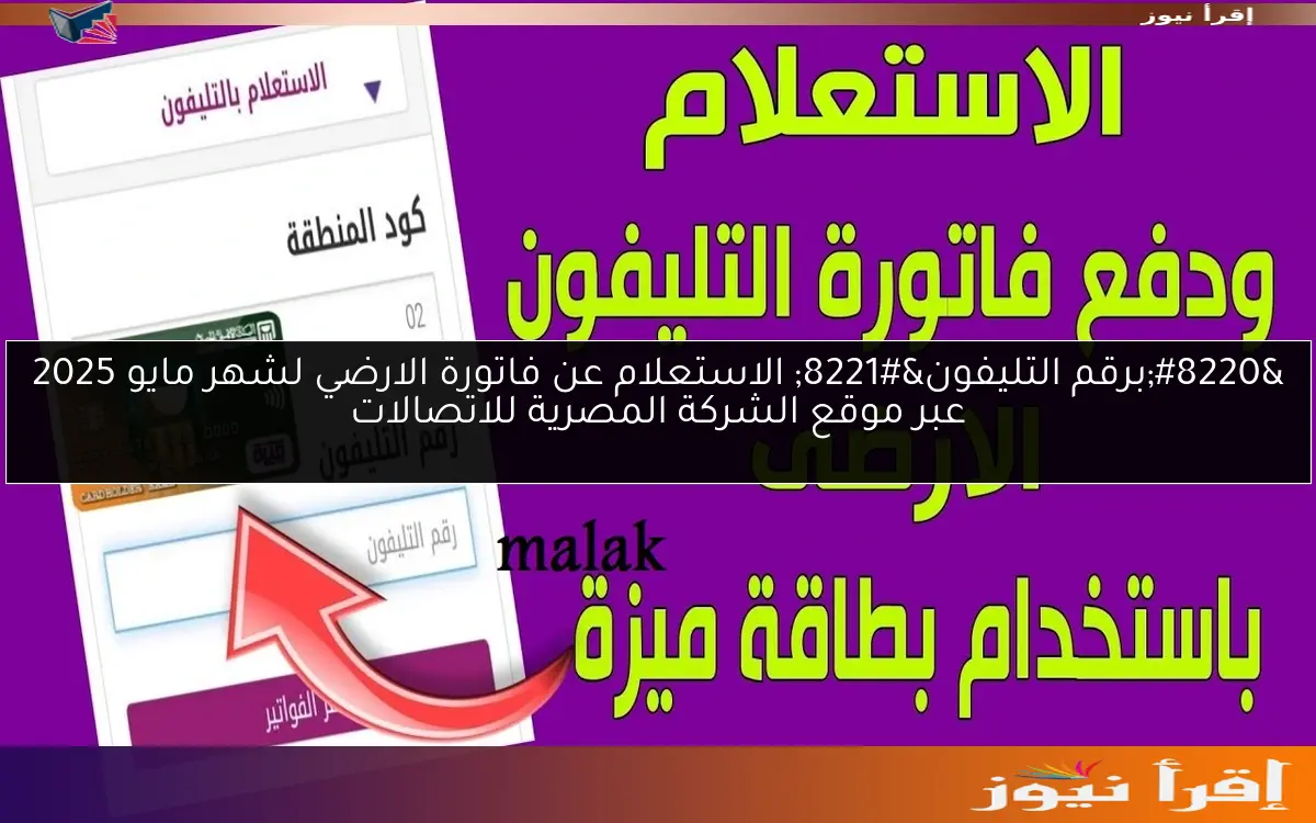 “برقم التليفون” الاستعلام عن فاتورة الارضي لشهر مايو 2025 عبر موقع الشركة المصرية للاتصالات