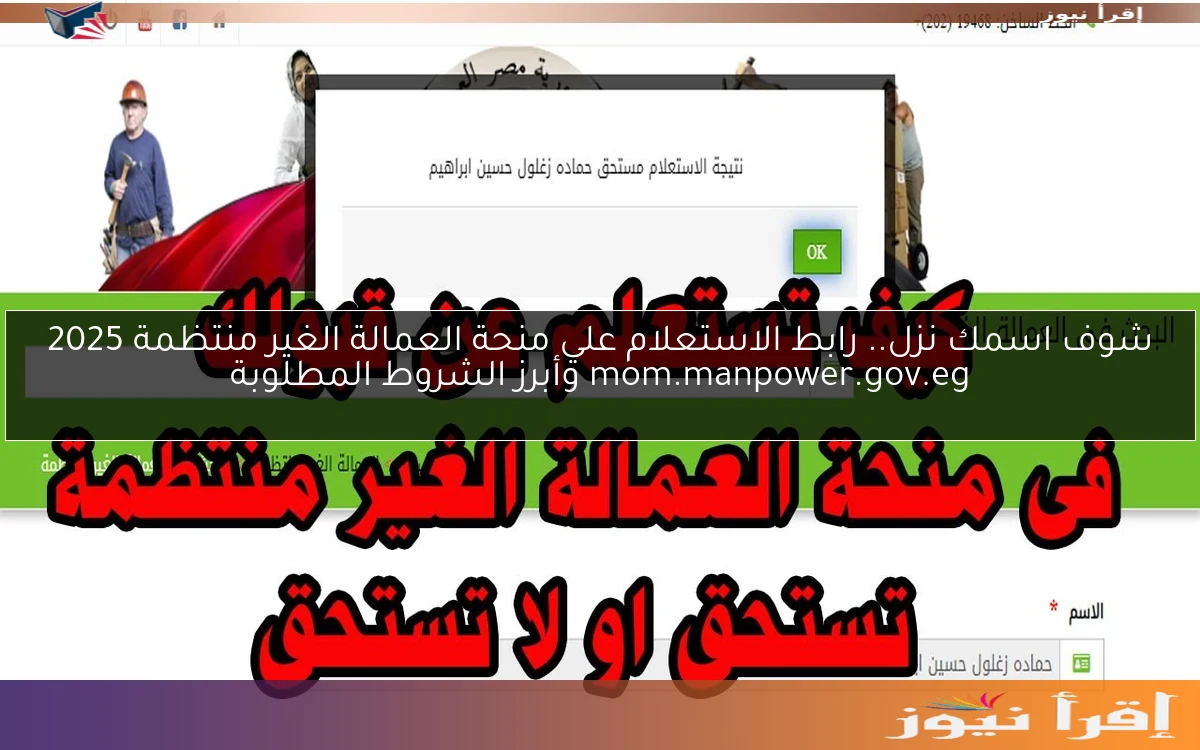 شوف اسمك نزل.. رابط الاستعلام علي منحة العمالة الغير منتظمة 2025 mom.manpower.gov.eg وأبرز الشروط المطلوبة