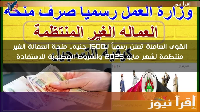 القوى العاملة تعلن رسمياً لـ1500 جنيه.. منحة العمالة الغير منتظمة لشهر مايو 2025 والشروط المطلوبة للاستفادة