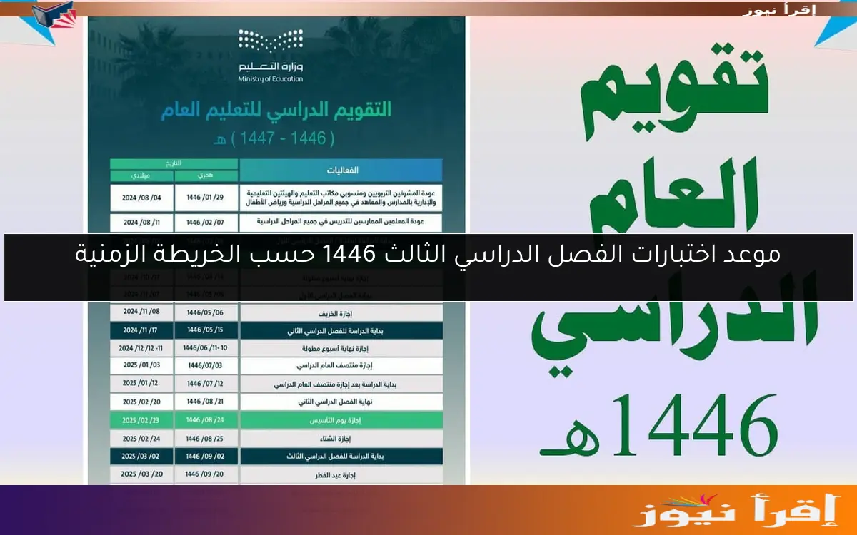 موعد اختبارات الفصل الدراسي الثالث 1446 حسب الخريطة الزمنية