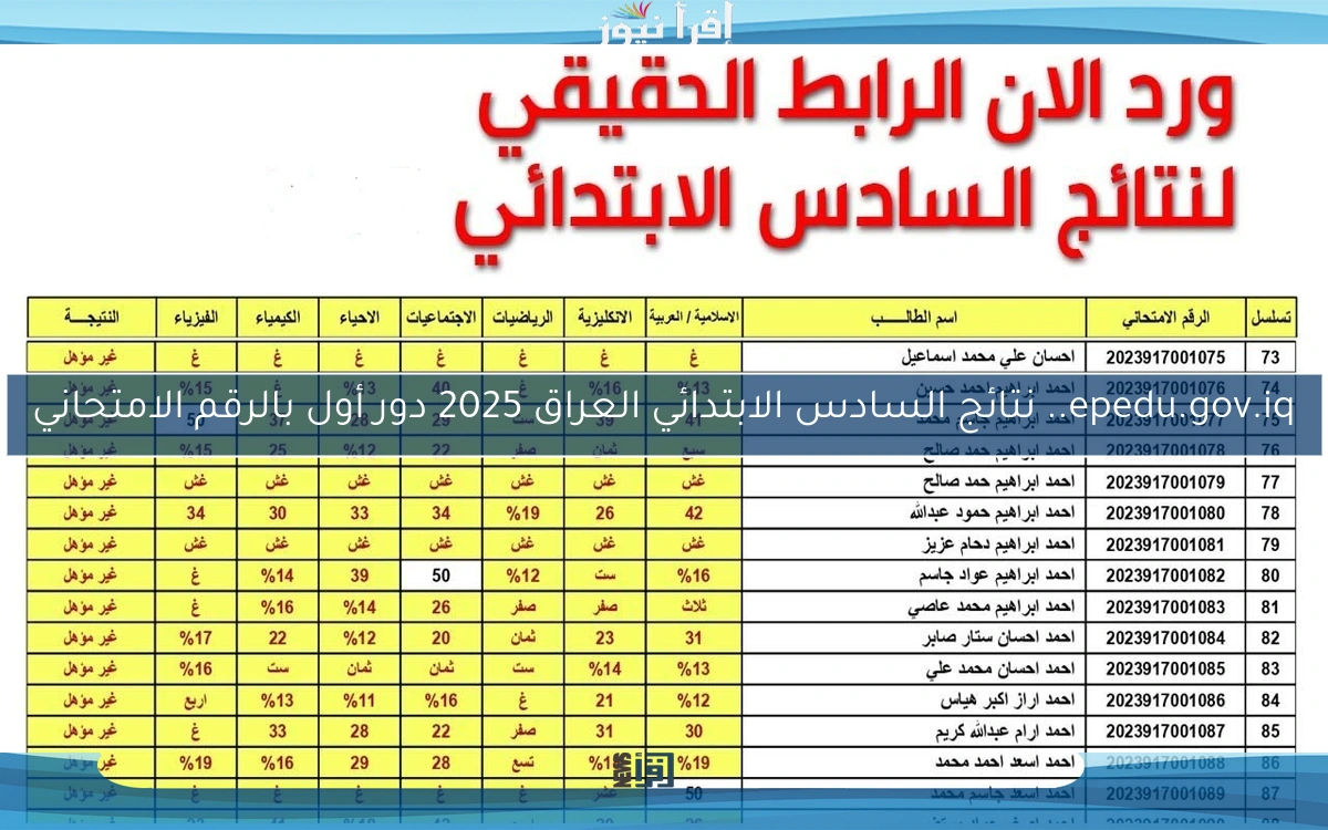 epedu.gov.iq.. نتائج السادس الابتدائي العراق 2025 دور أول بالرقم الامتحاني